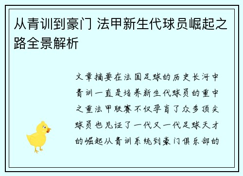 从青训到豪门 法甲新生代球员崛起之路全景解析
