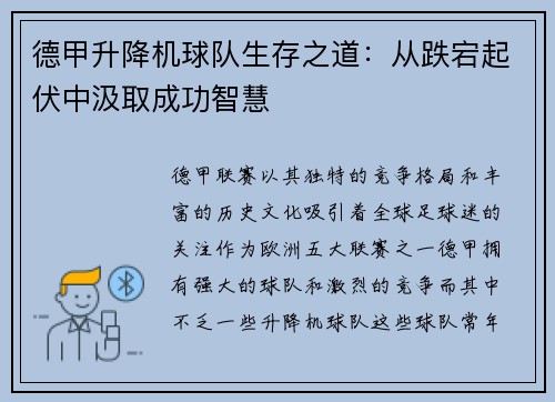 德甲升降机球队生存之道：从跌宕起伏中汲取成功智慧