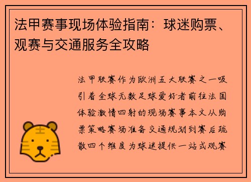法甲赛事现场体验指南：球迷购票、观赛与交通服务全攻略